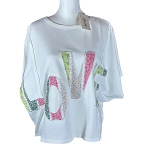 Blue Velvet T-Shirt NWT Women S Off White Patchwork Love Floral Oversized